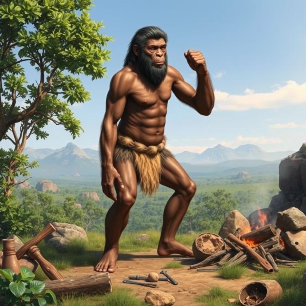 An artistic representation of Homo erectus, showcasing their physical features, posture, and habitat