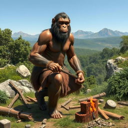 An artistic representation of Homo erectus, showcasing their physical features, posture, and habitat