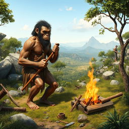 An artistic representation of Homo erectus, showcasing their physical features, posture, and habitat
