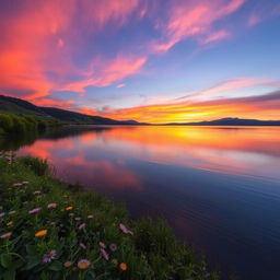 A serene landscape showcasing a peaceful sunset over a calm lake surrounded by lush greenery