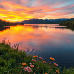 A serene landscape showcasing a peaceful sunset over a calm lake surrounded by lush greenery