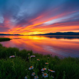 A serene landscape showcasing a peaceful sunset over a calm lake surrounded by lush greenery