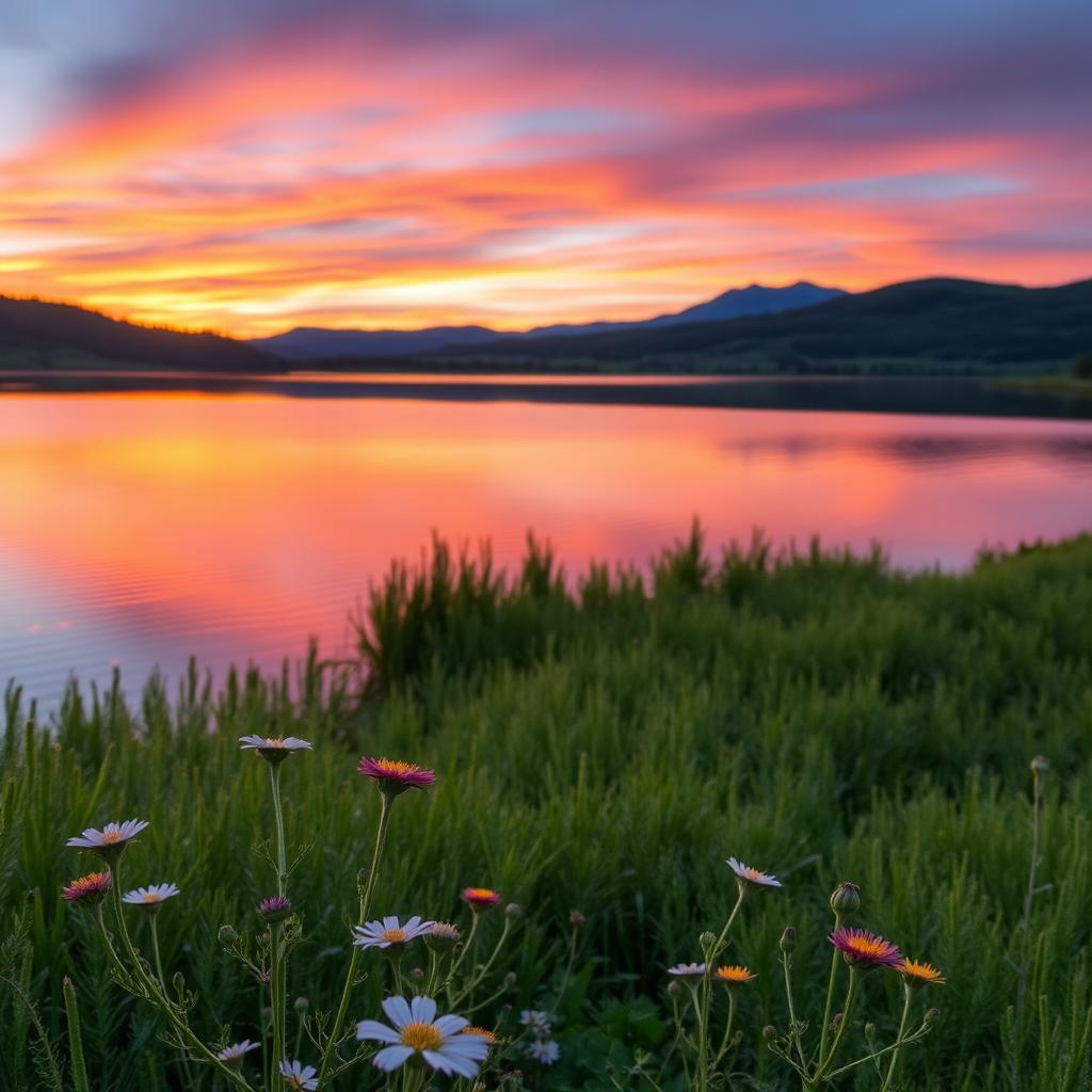 A serene landscape showcasing a peaceful sunset over a calm lake surrounded by lush greenery