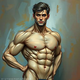 A detailed and artistic representation of a male figure, emphasizing anatomy and muscle definition, while maintaining a tasteful and respectful approach