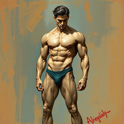 A detailed and artistic representation of a male figure, emphasizing anatomy and muscle definition, while maintaining a tasteful and respectful approach