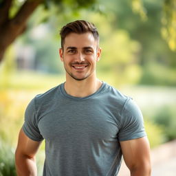 A man standing confidently in a casual setting, with a relaxed body posture