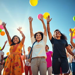 A vibrant scene depicting a diverse group of individuals with uplifted hands, symbolizing unity, joy, and celebration
