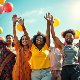 A vibrant scene depicting a diverse group of individuals with uplifted hands, symbolizing unity, joy, and celebration
