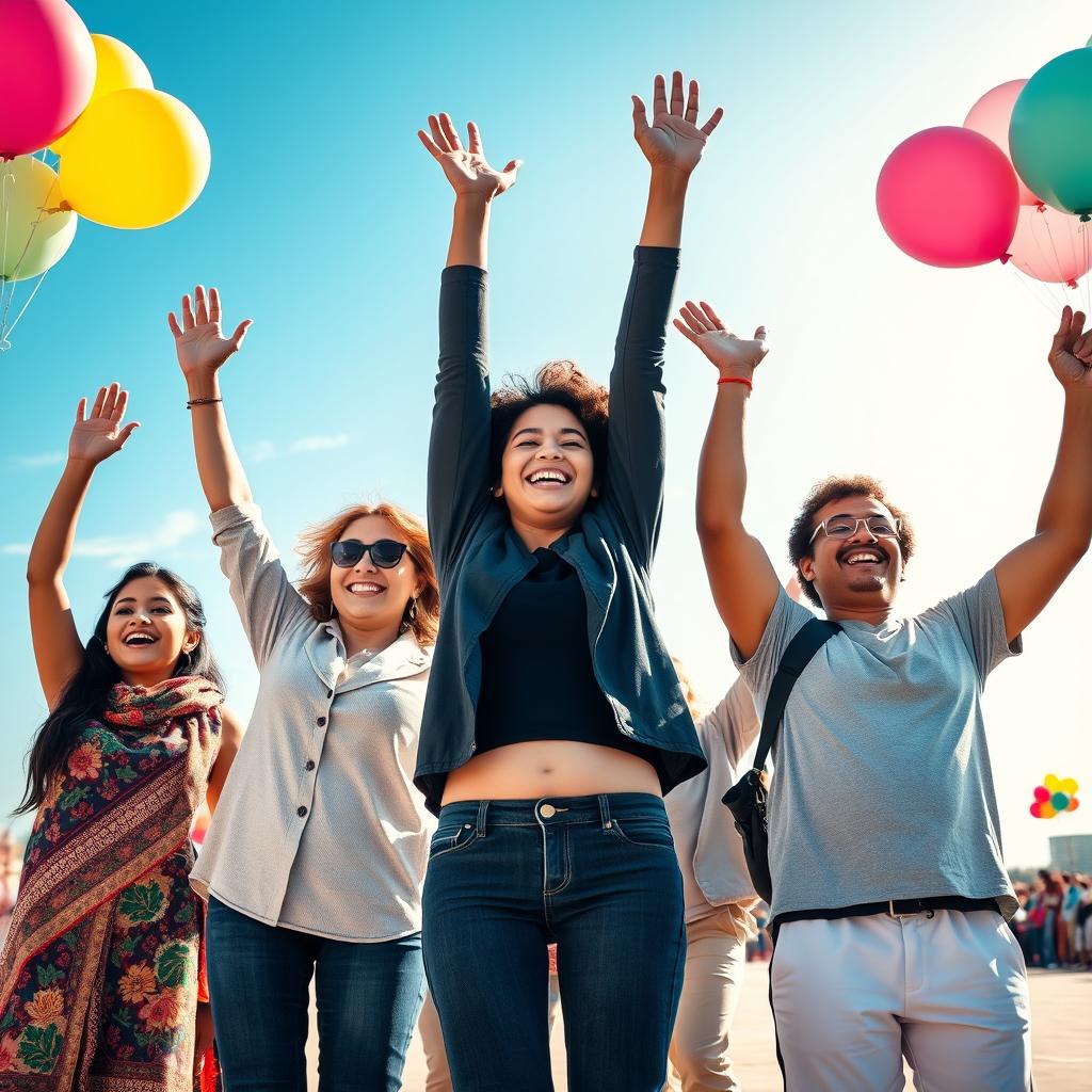 A vibrant scene depicting a diverse group of individuals with uplifted hands, symbolizing unity, joy, and celebration