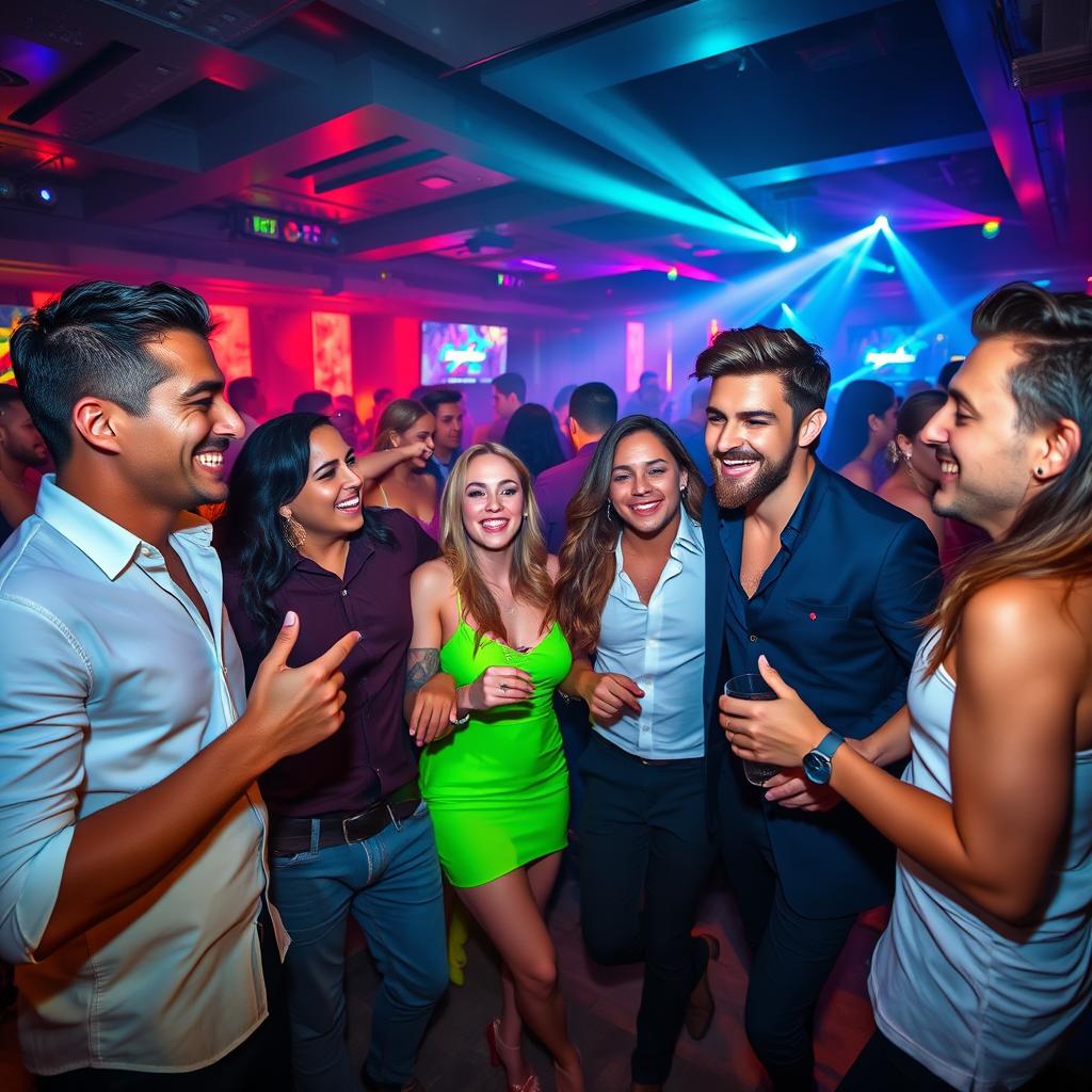 A dynamic and energetic scene capturing a lively nightlife atmosphere, where a group of attractive men are enjoying an upscale club, dressed in stylish attire