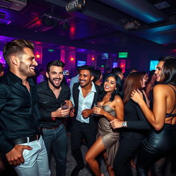 A dynamic and energetic scene capturing a lively nightlife atmosphere, where a group of attractive men are enjoying an upscale club, dressed in stylish attire
