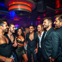 A dynamic and energetic scene capturing a lively nightlife atmosphere, where a group of attractive men are enjoying an upscale club, dressed in stylish attire