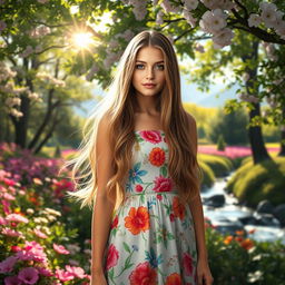 A visually stunning and enchanting background for a portrait of a young woman with long flowing hair, wearing a colorful, vibrant dress adorned with floral patterns