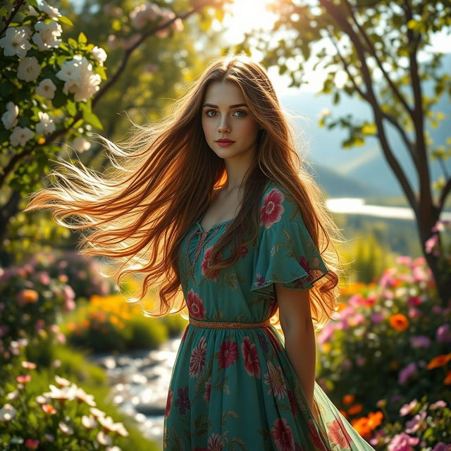A visually stunning and enchanting background for a portrait of a young woman with long flowing hair, wearing a colorful, vibrant dress adorned with floral patterns