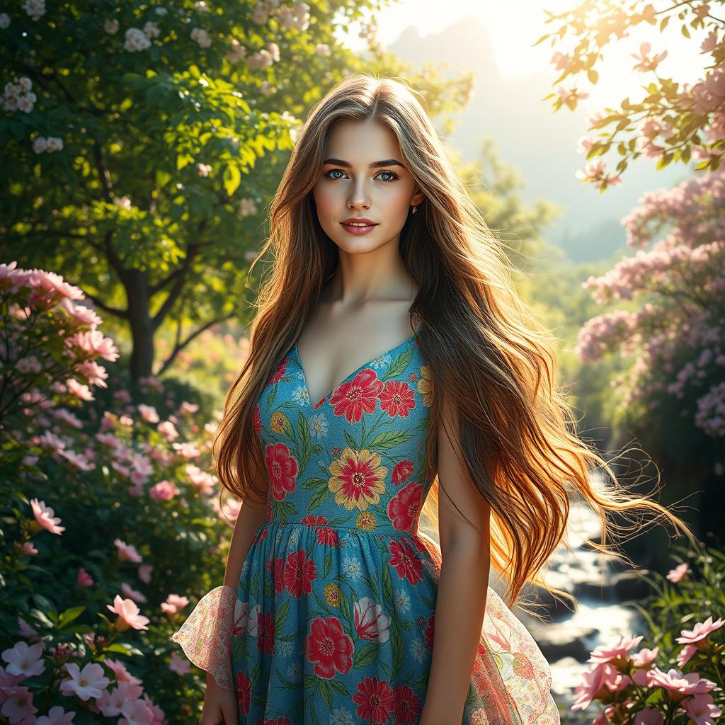 A visually stunning and enchanting background for a portrait of a young woman with long flowing hair, wearing a colorful, vibrant dress adorned with floral patterns