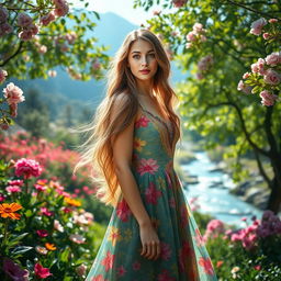 A visually stunning and enchanting background for a portrait of a young woman with long flowing hair, wearing a colorful, vibrant dress adorned with floral patterns