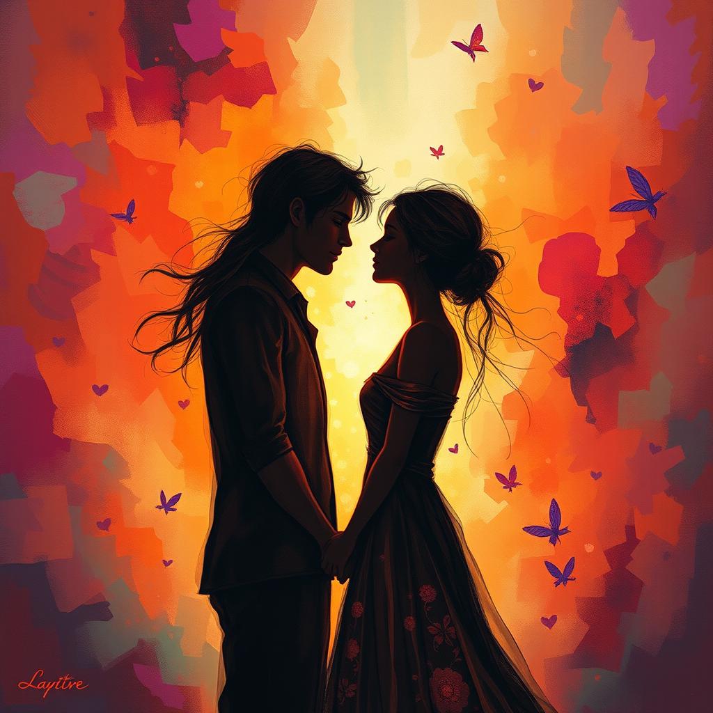 A surreal and abstract representation of intimacy and connection, focusing on human emotions and relationships, featuring two silhouettes against a vibrant, colorful background