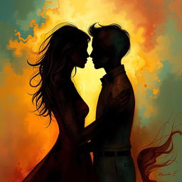 A surreal and abstract representation of intimacy and connection, focusing on human emotions and relationships, featuring two silhouettes against a vibrant, colorful background