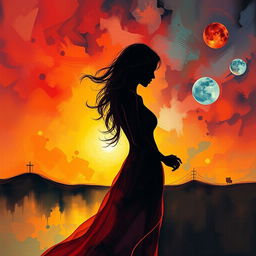A surreal and abstract representation of intimacy and connection, focusing on human emotions and relationships, featuring two silhouettes against a vibrant, colorful background