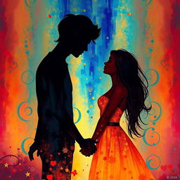 A surreal and abstract representation of intimacy and connection, focusing on human emotions and relationships, featuring two silhouettes against a vibrant, colorful background