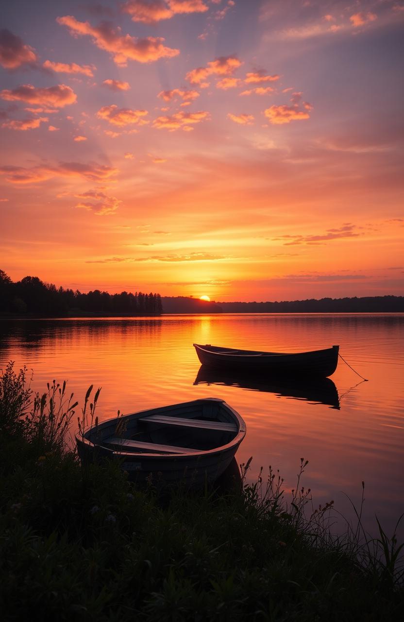 A serene and nostalgic scene depicting a beautiful sunset over a calm lake, where reflections of vibrant oranges, pinks, and purples dance on the water's surface
