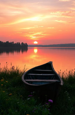 A serene and nostalgic scene depicting a beautiful sunset over a calm lake, where reflections of vibrant oranges, pinks, and purples dance on the water's surface