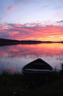 A serene and nostalgic scene depicting a beautiful sunset over a calm lake, where reflections of vibrant oranges, pinks, and purples dance on the water's surface