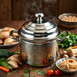 A beautifully designed steamer pot (dandang) specifically for cooking Indonesian chicken noodle soup (mie ayam) and meatballs (bakso)
