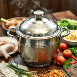 A beautifully designed steamer pot (dandang) specifically for cooking Indonesian chicken noodle soup (mie ayam) and meatballs (bakso)