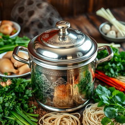 A beautifully designed steamer pot (dandang) specifically for cooking Indonesian chicken noodle soup (mie ayam) and meatballs (bakso)