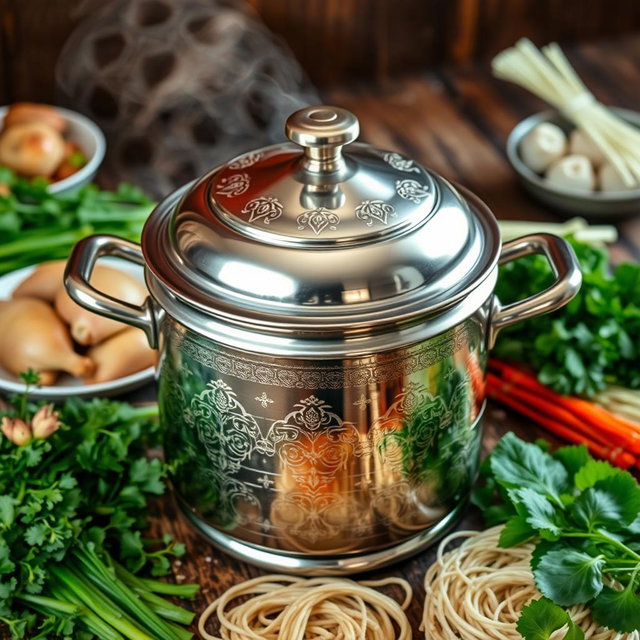A beautifully designed steamer pot (dandang) specifically for cooking Indonesian chicken noodle soup (mie ayam) and meatballs (bakso)
