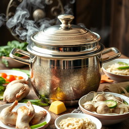 A beautifully designed steamer pot (dandang) specifically for cooking Indonesian chicken noodle soup (mie ayam) and meatballs (bakso)