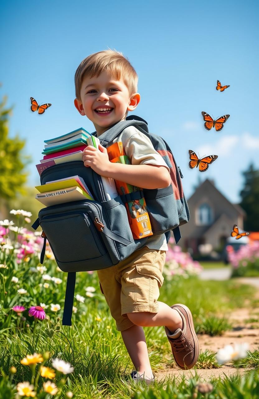 A young boy carrying a large, colorful backpack filled with books, toys, and snacks, smiling joyfully as he walks across a sunny park with green grass and blooming flowers around him