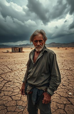 A visually striking portrayal of a person standing in a desolate landscape, embodying the struggles and challenges of a hard life