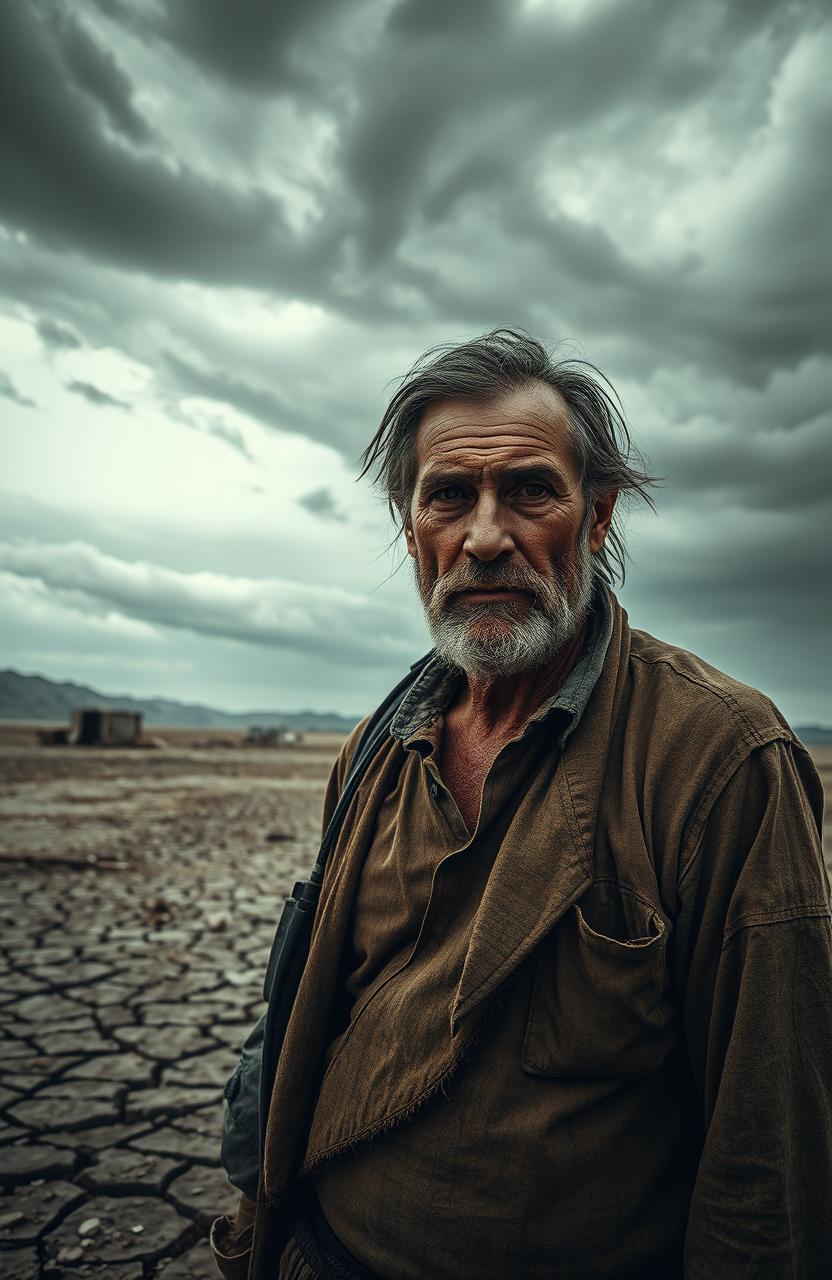 A visually striking portrayal of a person standing in a desolate landscape, embodying the struggles and challenges of a hard life