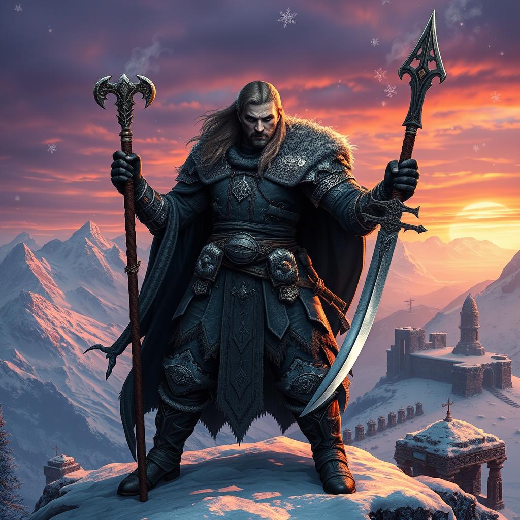 A fierce and determined Nord battlemage from Skyrim, dressed in intricately detailed Nordic armor and robes, showcasing a blend of magic and martial prowess