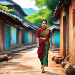 A high-quality digital art image showcases a woman from Myanmar, dressed in traditional attire, gracefully walking down a village lane