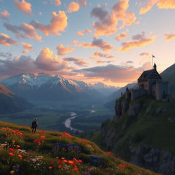 A breathtaking landscape from the game Skyrim, featuring towering snow-capped mountains in the background, lush green valleys, and a serene river winding through the scene