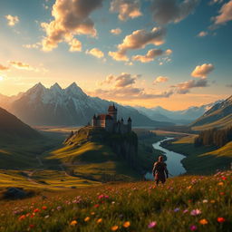 A breathtaking landscape from the game Skyrim, featuring towering snow-capped mountains in the background, lush green valleys, and a serene river winding through the scene