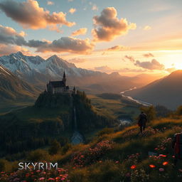 A breathtaking landscape from the game Skyrim, featuring towering snow-capped mountains in the background, lush green valleys, and a serene river winding through the scene