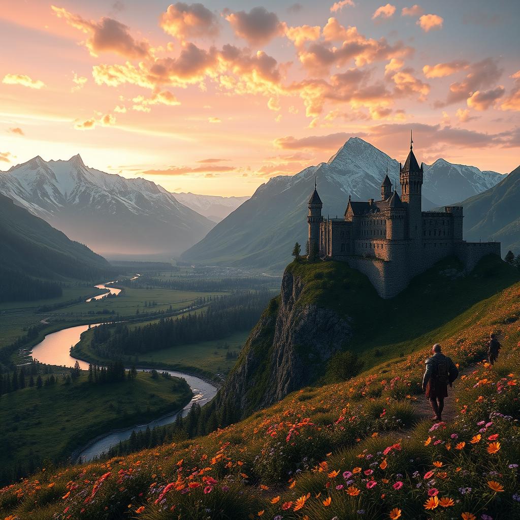 A breathtaking landscape from the game Skyrim, featuring towering snow-capped mountains in the background, lush green valleys, and a serene river winding through the scene