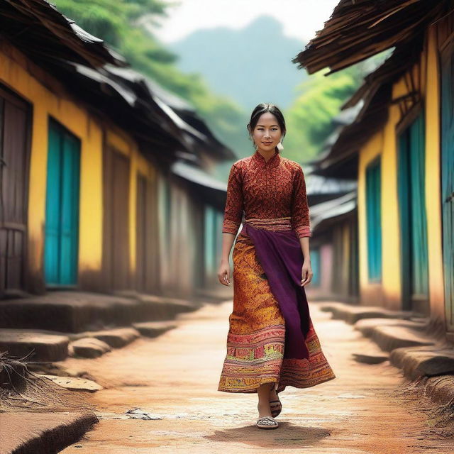 A high-quality digital art image showcases a woman from Myanmar, dressed in traditional attire, gracefully walking down a village lane