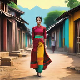 A high-quality digital art image showcases a woman from Myanmar, dressed in traditional attire, gracefully walking down a village lane