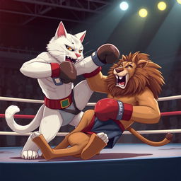 A muscular anthropomorphic white cat dressed in boxing gear, delivering a powerful kick to the head of a muscular anthropomorphic lion also dressed in boxing gear, who is falling down in a boxing ring