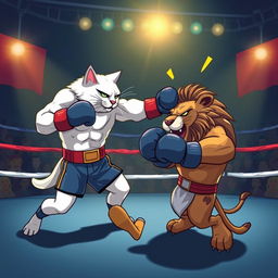 A muscular anthropomorphic white cat dressed in boxing gear, delivering a powerful kick to the head of a muscular anthropomorphic lion also dressed in boxing gear, who is falling down in a boxing ring