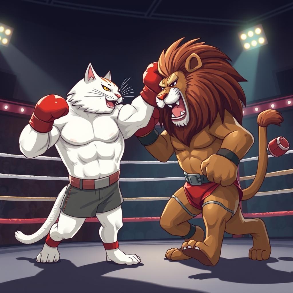 A muscular anthropomorphic white cat dressed in boxing gear, delivering a powerful kick to the head of a muscular anthropomorphic lion also dressed in boxing gear, who is falling down in a boxing ring