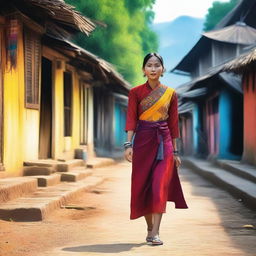 A high-quality digital art image showcases a woman from Myanmar, dressed in traditional attire, gracefully walking down a village lane