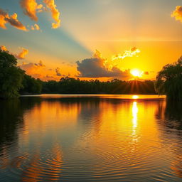 A serene landscape bathed in warm, golden sunlight during a beautiful sunset, showcasing a tranquil lake reflecting the vibrant colors of the sky