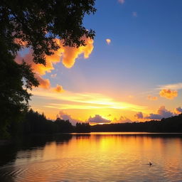 A serene landscape bathed in warm, golden sunlight during a beautiful sunset, showcasing a tranquil lake reflecting the vibrant colors of the sky