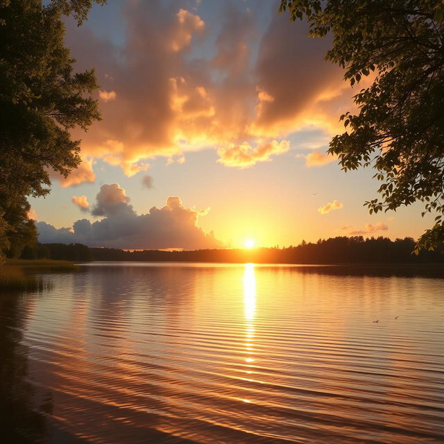A serene landscape bathed in warm, golden sunlight during a beautiful sunset, showcasing a tranquil lake reflecting the vibrant colors of the sky